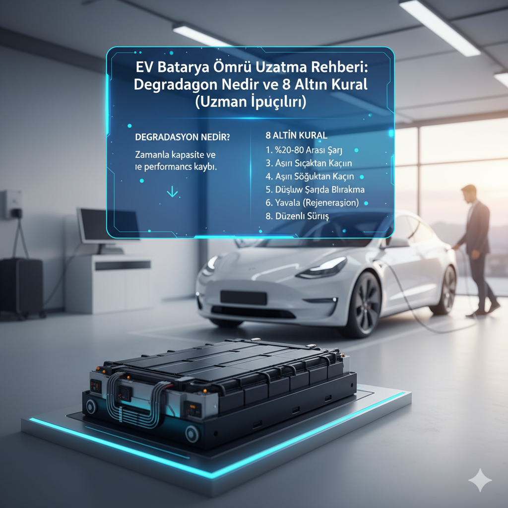Elektrikli bir aracın batarya paketi ön planda, arka planda şarj olan bir EV ve bir şarj istasyonunda duran iş insanı. Görselde "EV Batarya Ömrü Uzatma Rehberi: Degradasyon Nedir ve 8 Altın Kural (Uzman İpuçları)" başlığı ve ilgili bilgiler yer alıyor.