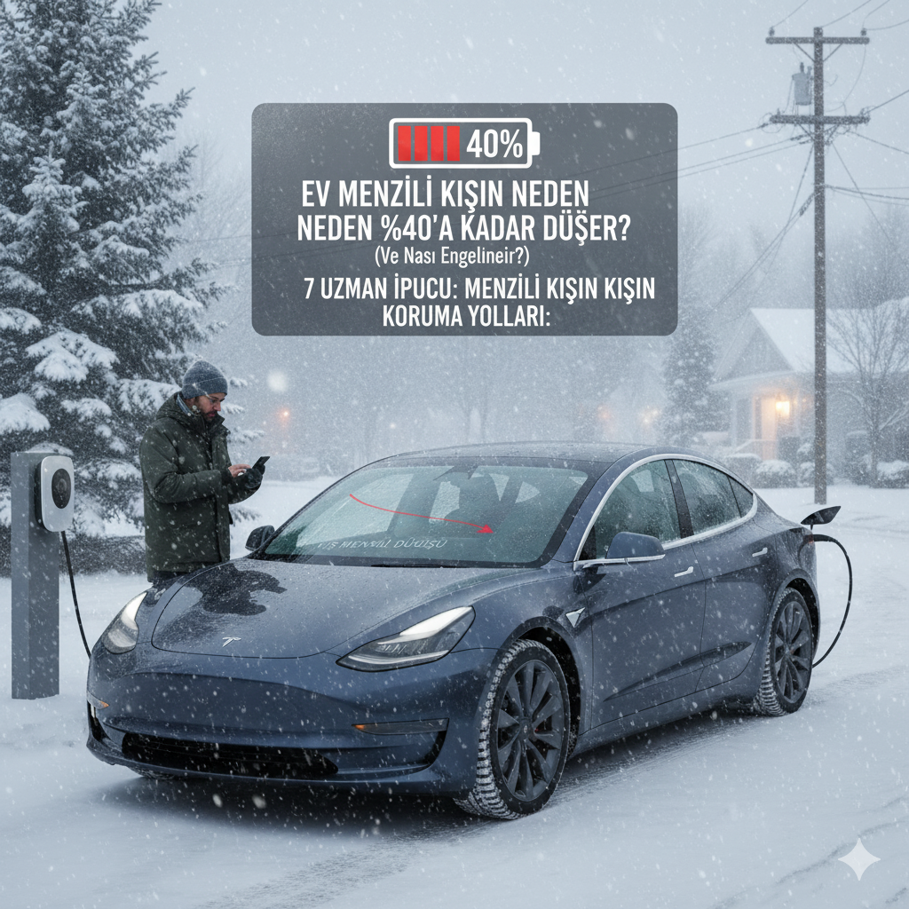 Karlı bir havada şarj olan bir elektrikli araç (EV) ve yanında telefonuna bakan bir kişi. Görselde "EV Menzili Kışın Neden %40'a Varan Oranda Düşer? (Ve Nasıl Engellenir?): 7 Uzman İpucu" başlığı ve bir batarya sembolü yer alıyor.