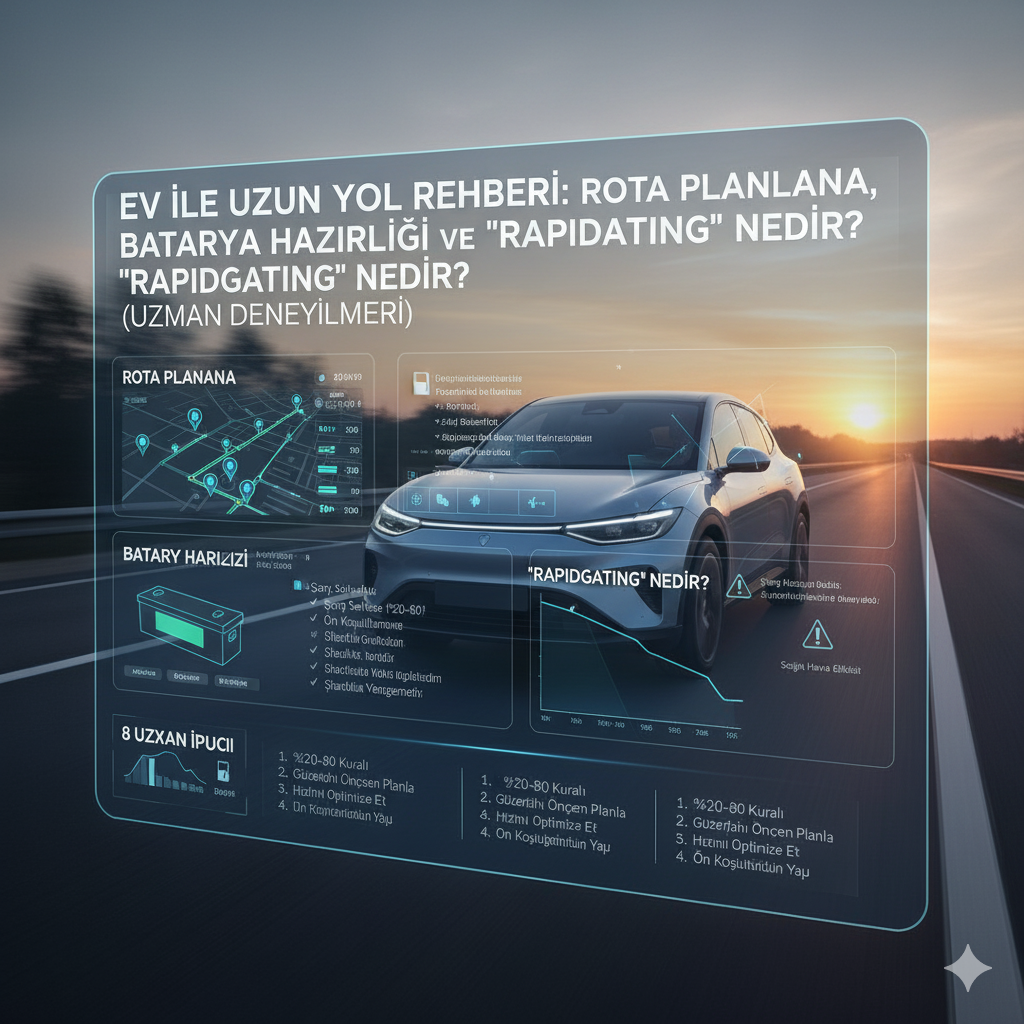Uzun yolda ilerleyen bir elektrikli araç (EV) ve ön planında rota planlama haritası, batarya hazırlığı ipuçları ve "Rapidgating" tanımı ile ilgili bilgilerin yer aldığı bir arayüz.