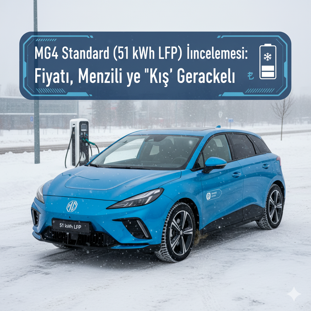 Karlı bir ortamda bir şarj istasyonunda duran mavi MG4 Standard (51 kWh LFP) elektrikli araç. Görselde "MG4 Standard (51 kWh LFP) İncelemesi: Fiyatı, Menzili ve 'Kış' Gerçekleri" başlığı ve bir kar tanesi/pil simgesi yer alıyor.
