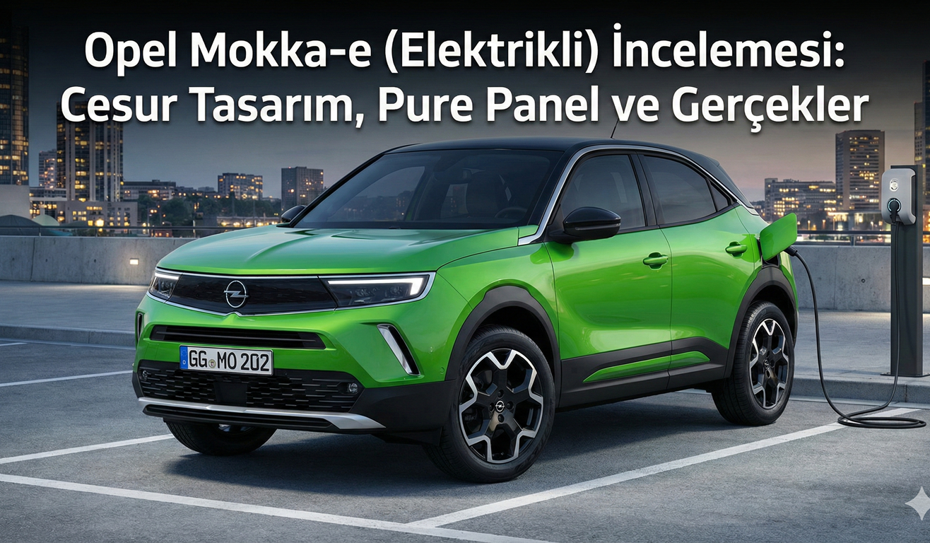 Opel Mokka-e'nin cesur tasarımını, Pure Panel iç mekanını ve gerçek kullanım deneyimlerini konu alan detaylı inceleme yazısı için hazırlanmış görsel.