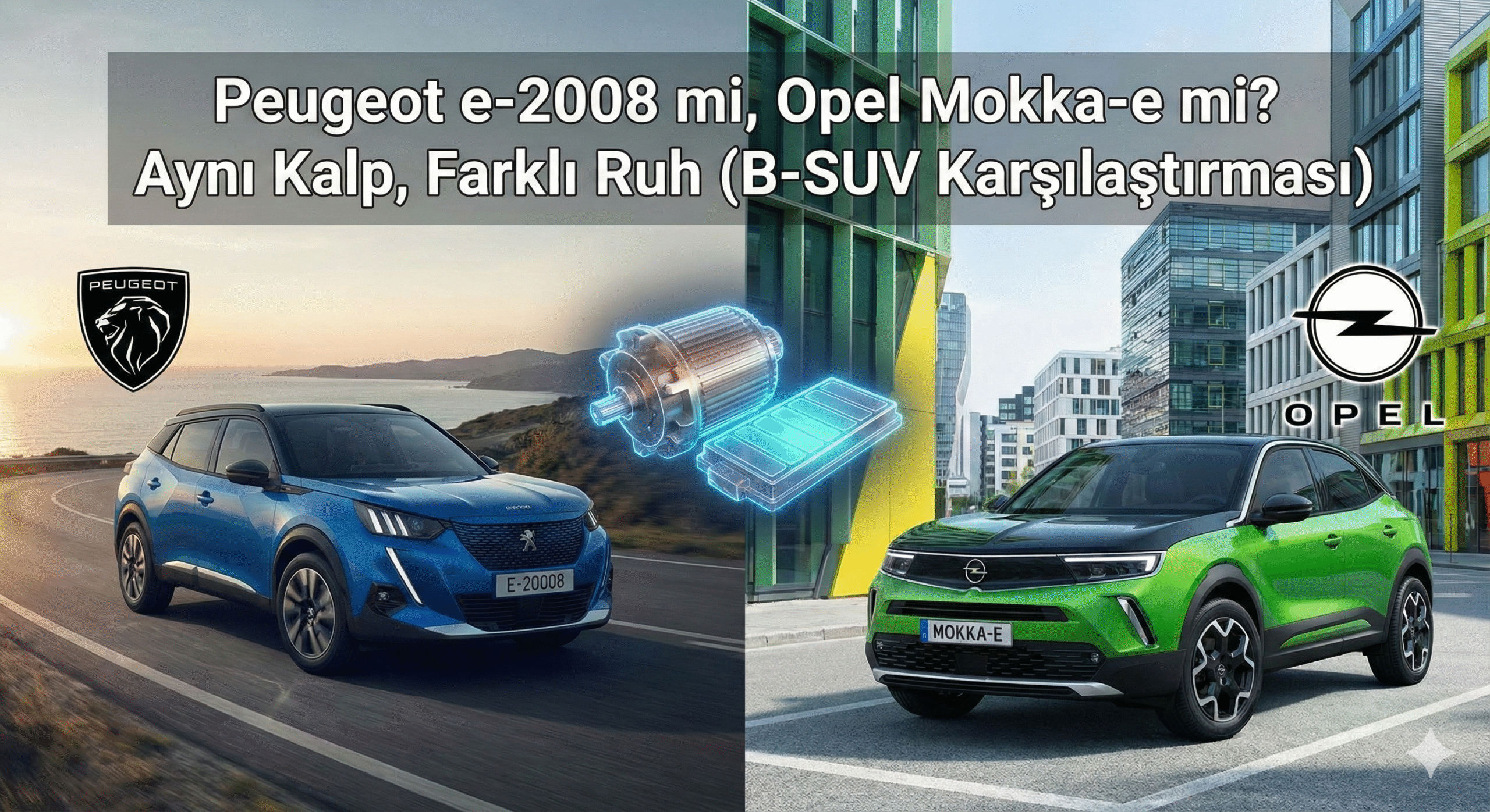 Solda mavi Peugeot e-2008, sağda yeşil Opel Mokka-e elektrikli SUV'lar. Ortada her iki araca da güç veren ortak elektrik motoru ve batarya görseli yer alıyor. Üstte "Peugeot e-2008 mi, Opel Mokka-e mi? Aynı Kalp, Farklı Ruh (B-SUV Karşılaştırması)" başlığı bulunuyor.