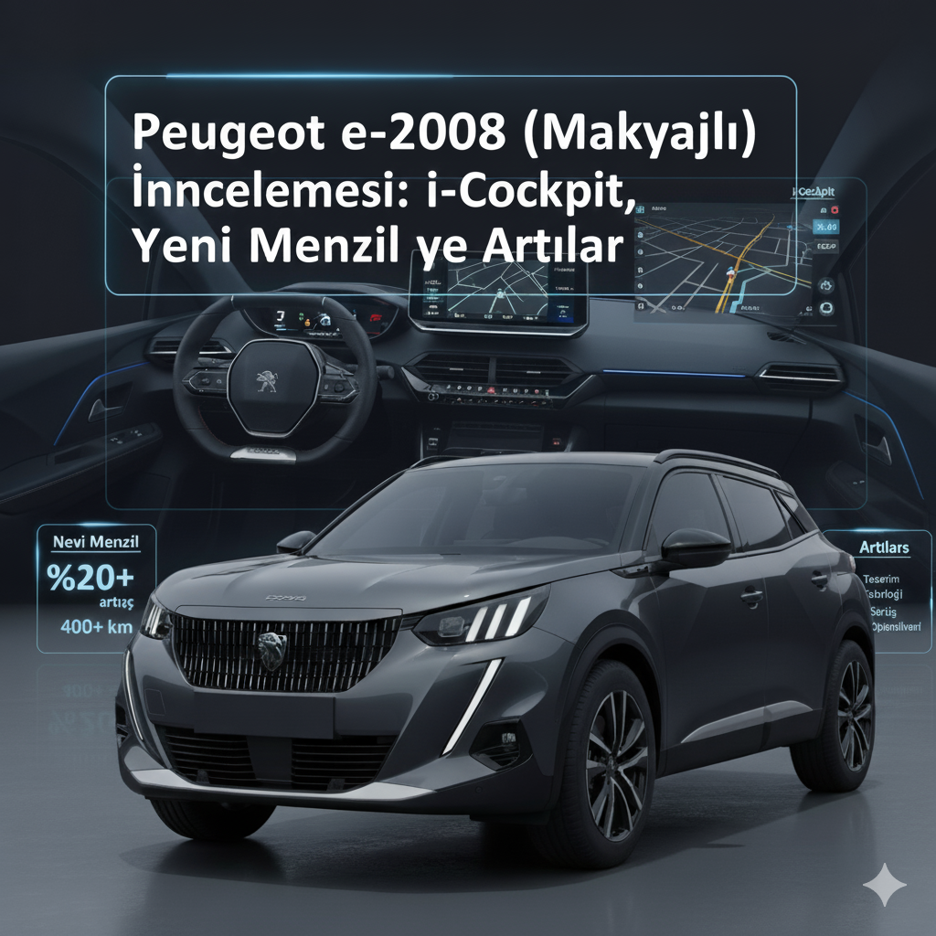 Elektrikli SUV pazarında iddialı olan makyajlı Peugeot e-2008'in performansını, tasarımını ve teknolojik özelliklerini detaylı bir şekilde inceleyen blog yazısı için ideal bir eşlikçi görsel.