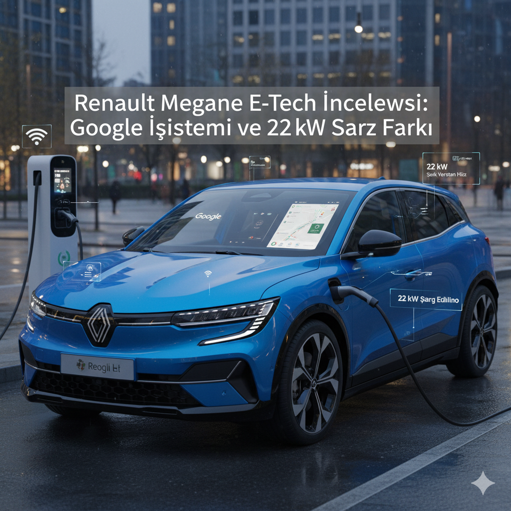 Şehir içinde bir şarj istasyonunda şarj olan mavi Renault Megane E-Tech elektrikli araç. Aracın içindeki ekranda Google Haritalar'ı gösteren bir arayüz ve 22 kW şarj hızını vurgulayan bilgi panelleri bulunuyor. Görselde "Renault Megane E-Tech İncelemesi: Google İşletim Sistemi ve 22 kW Şarj Farkı" başlığı da yer alıyor.