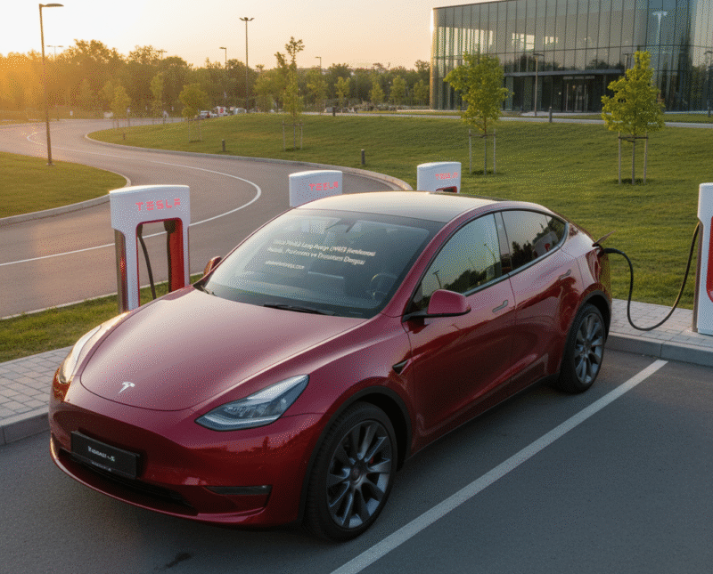 Bir Tesla Supercharger istasyonunda şarj olan kırmızı Tesla Model Y Long Range (AWD). Aracın ön camında "Tesla Model Y Long Range (AWD) İncelemesi: Menzil, Performans ve Ekosistem Dengesi" yazısı bulunuyor.