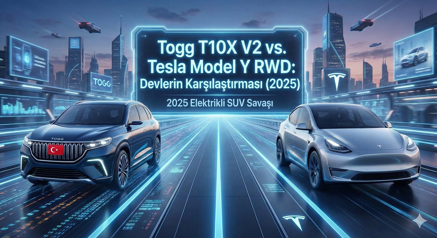 Fütüristik bir şehirde yan yana duran Togg T10X V2 ve Tesla Model Y RWD elektrikli SUV'lar. Görselin merkezinde "Togg T10X V2 vs. Tesla Model Y RWD: Devlerin Karşılaştırması (2025)" başlığı yer alıyor.