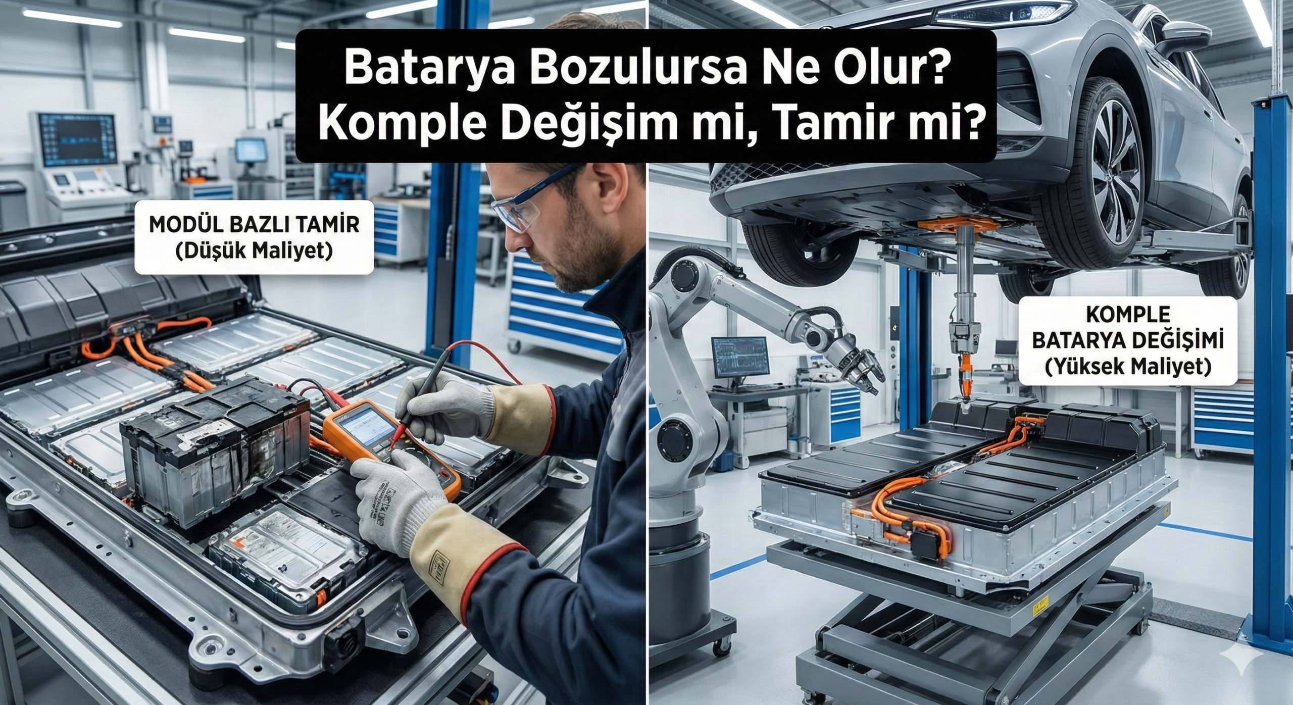 Elektrikli araç batarya arızasında uygulanan iki yöntemi gösteren bölünmüş ekran: Sol tarafta yüksek voltaj teknisyeni tarafından multimetre ile yapılan düşük maliyetli modül bazlı tamir, sağ tarafta ise robotik kollarla yapılan yüksek maliyetli komple batarya değişimi işlemi.
