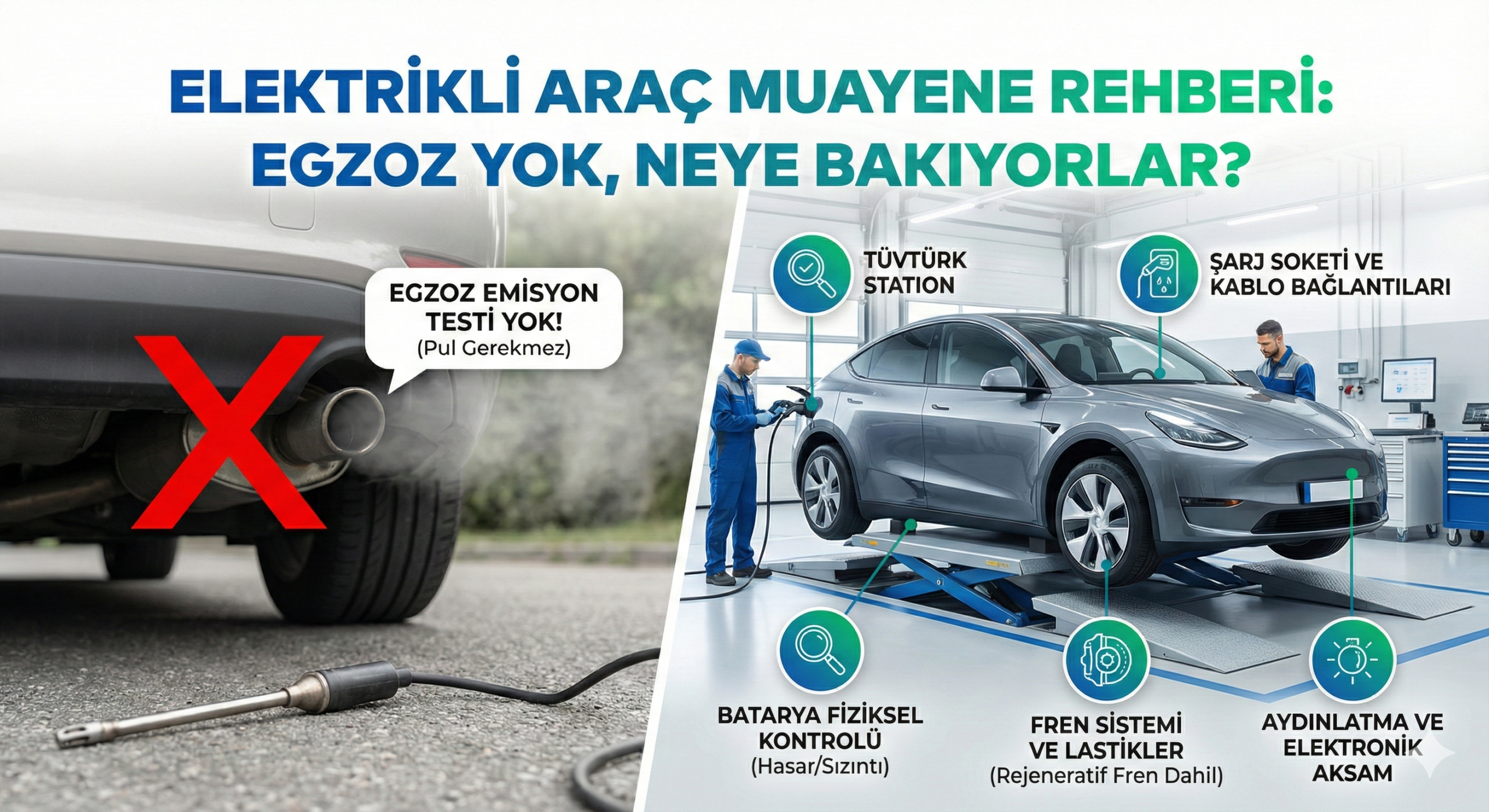 TÜVTÜRK muayene istasyonunda lifte kaldırılan elektrikli araç; egzoz emisyon ölçümü yapılmadan fren testi, batarya fiziki kontrolleri ve alt takım incelemesinin yapıldığı an.