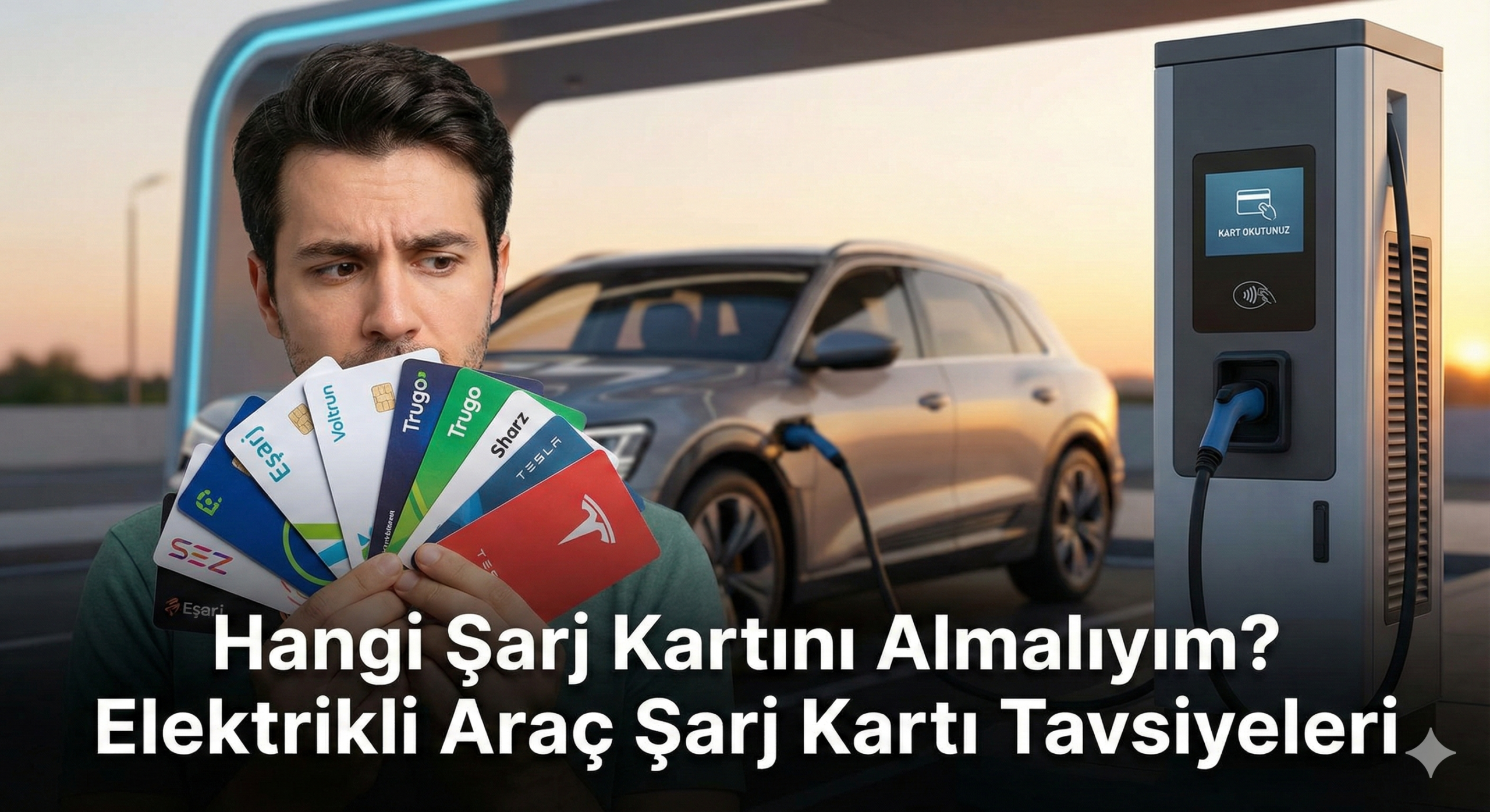 Elektrikli araç şarj istasyonunda, elinde ZES, Eşarj, Trugo, Voltrun, Sharz ve Tesla gibi farklı operatörlere ait çok sayıda şarj kartı tutan ve hangisini kullanacağı konusunda kararsız kalmış, kafası karışık bir elektrikli otomobil sürücüsü.