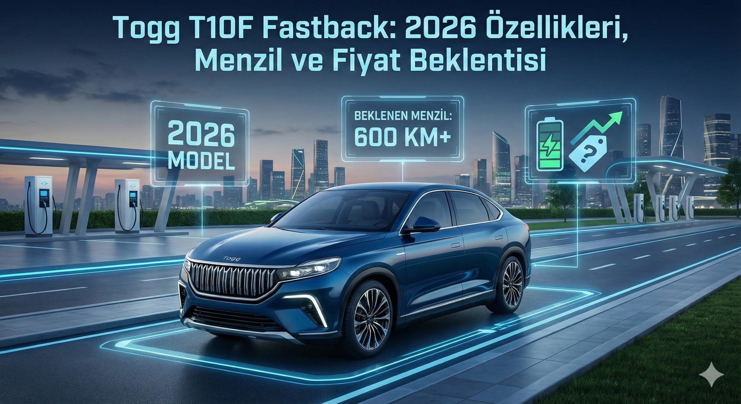 Fütüristik bir şehir fonunda, mavi renkli Togg T10F Fastback sedan modelini gösteren infografik. Görsel üzerinde "2026 MODEL", "BEKLENEN MENZİL: 600 KM+" ve yükseliş trendinde olan soru işaretli bir fiyat etiketi grafiği yer almaktadır.
