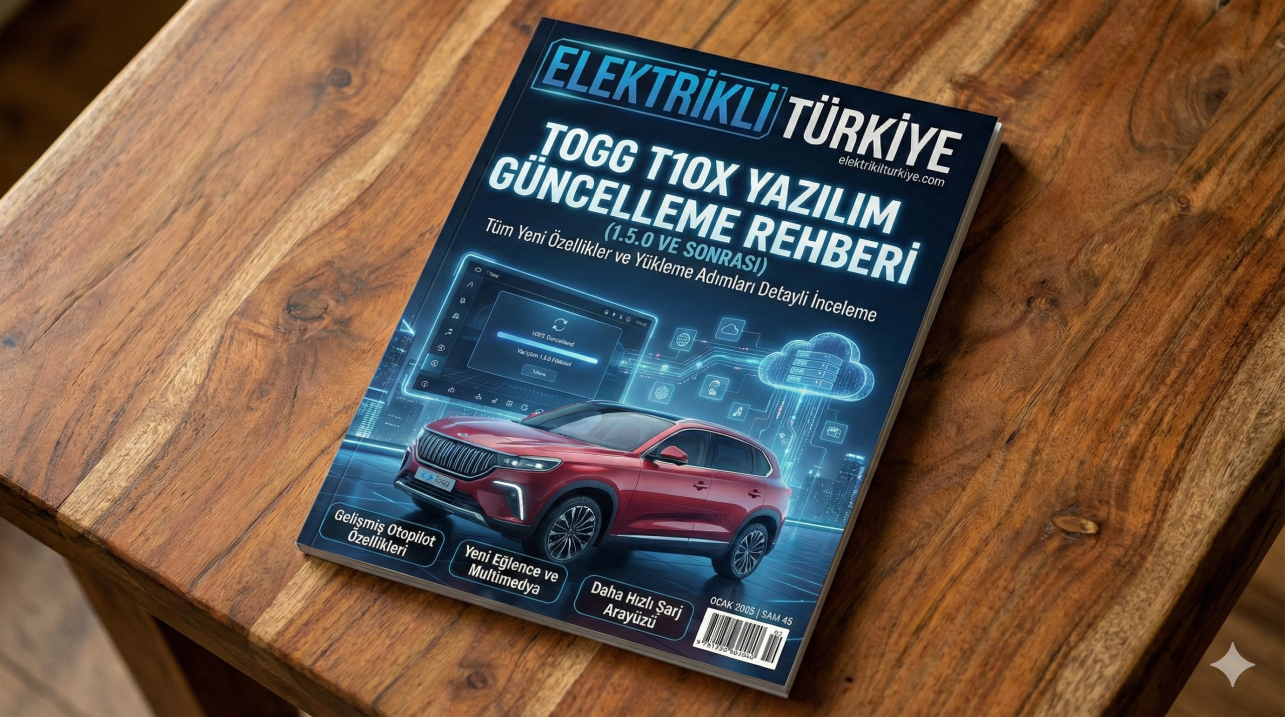 Togg T10X yazılım güncelleme için masa üstünde dergi şeklinde görsel