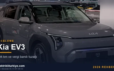 Kia EV3, gri, önden çeyrek görünüm, fuar standı. Fotoğraf: Alexander-93, CC BY-SA 4.0.