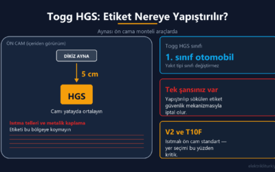 Togg HGS etiketi yerleşim şeması: dikiz ayna montaj ayağının 5 cm altına, camı yatayda ortalayarak; ısıtma telli ve metalik kaplamalı bölgeden uzak
